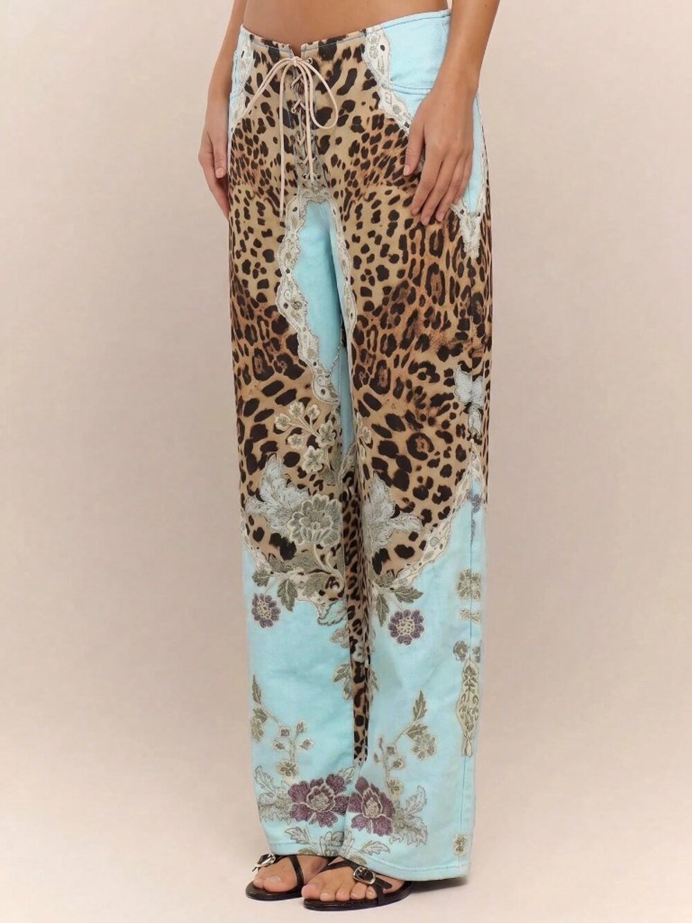 Blue Casual Women's Leopard Print Lace Up Straight Leg Printed Jeans - Picture 4 of 5